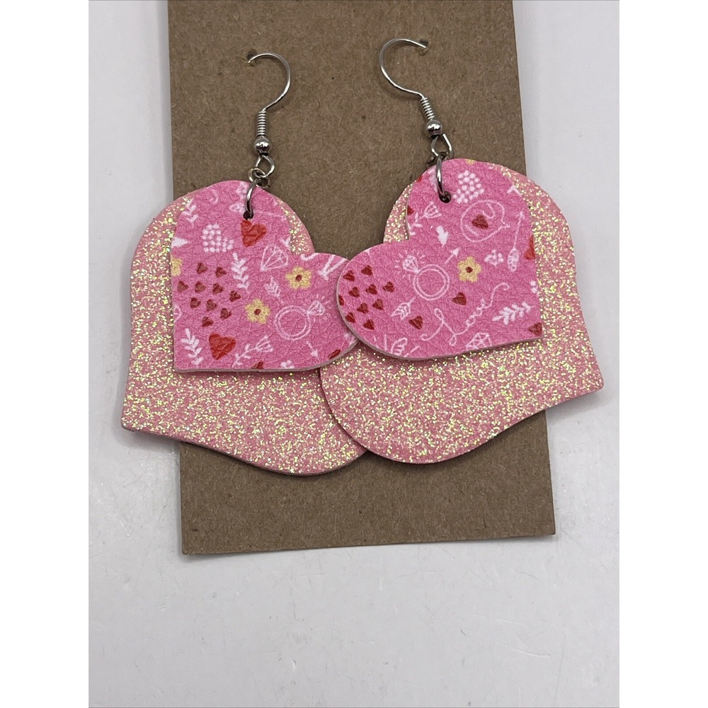 Double Layer Faux Leather Hearts Earrings Pink Glitter Love Wedding Handmade